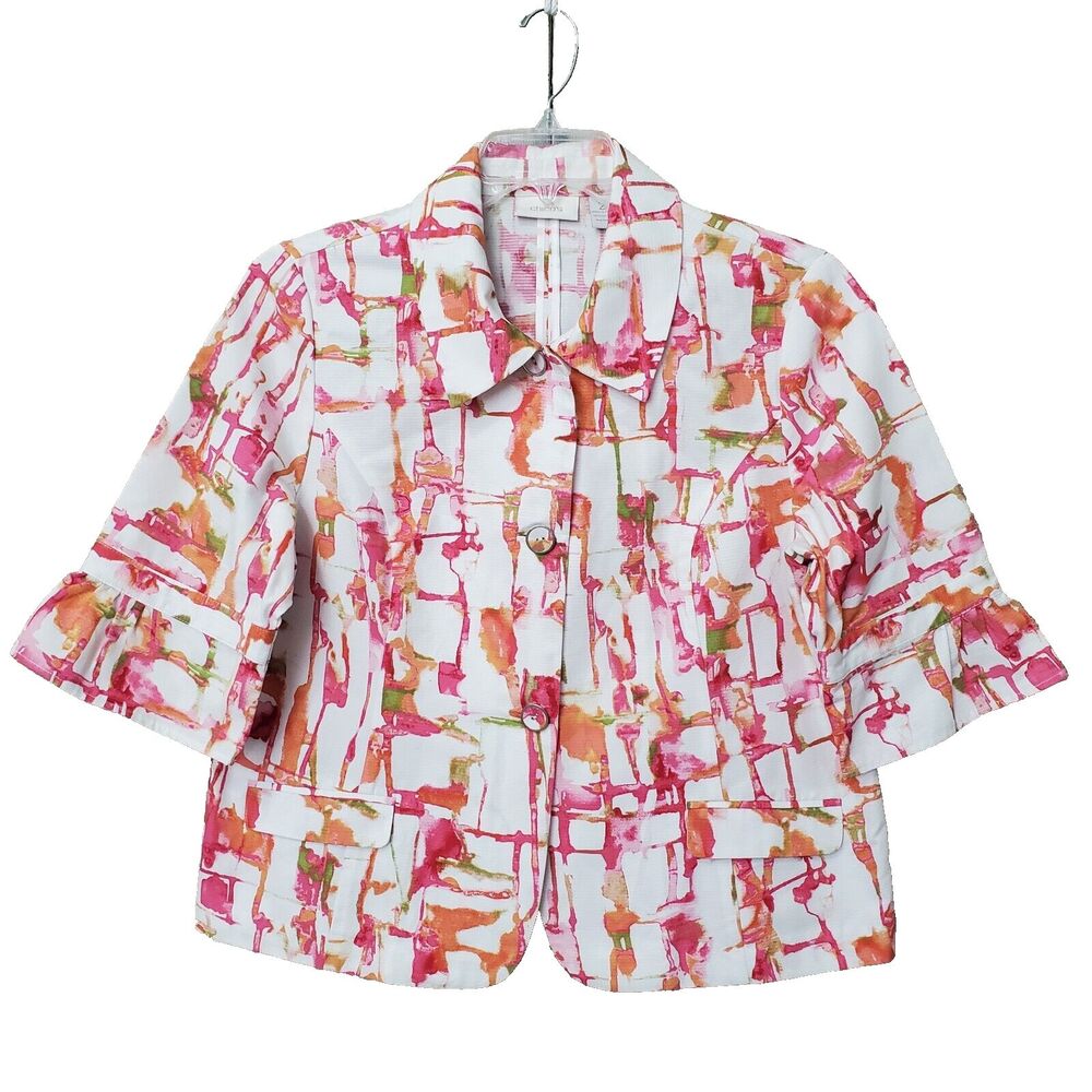 Chico's Cotton Abstract Print 3-Button 3/4 Sleeve Jacket Sz 2 Large Lightweight